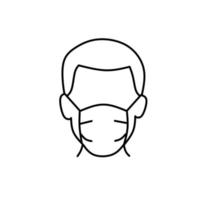 homme dans l'icône de ligne de masque facial, vecteur de pictogramme de prévention des maladies. porter une protection contre le coronavirus, la pollution de l'air, la poussière, l'illustration de la grippe, le signe du magasin de fournitures médicales.