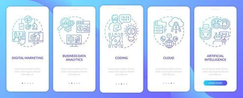 écran d'application mobile d'intégration de gradient bleu de compétences numériques majeures. pas à pas en 5 étapes pages d'instructions graphiques avec des concepts linéaires. ui, ux, modèle d'interface graphique. myriade de polices pro-gras régulières utilisées vecteur