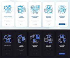 méthodes d'apprentissage en ligne écran d'application mobile d'intégration en mode nuit et jour. pas à pas en 5 étapes pages d'instructions graphiques avec des concepts linéaires. ui, ux, modèle d'interface graphique. une myriade de polices pro-gras régulières utilisées vecteur