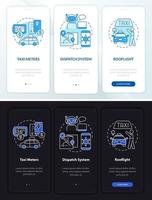 équipement pour écran d'application mobile d'intégration de thème de jour et de nuit de taxi. Taxicab Walkthrough 3 étapes pages d'instructions graphiques avec des concepts. ui, ux, modèle d'interface graphique. une myriade de polices pro-gras régulières utilisées vecteur