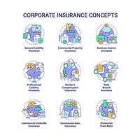 jeu d'icônes de concept d'assurance d'entreprise. idée de gestion d'entreprise illustrations en couleur de ligne mince. dessins de contour isolés. trait modifiable. roboto-medium, myriade de polices pro-gras utilisées vecteur