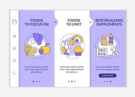 modèle d'intégration violet et blanc de musculation nutrition. soins de santé. site Web mobile réactif avec des icônes de concept linéaires. écrans pas à pas de la page Web en 3 étapes. lato-gras, polices régulières utilisées vecteur