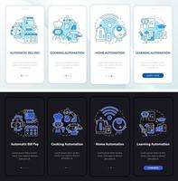 automatisation de la vie quotidienne nuit, écran d'application mobile d'intégration de jour. pages d'instructions graphiques en 4 étapes avec des concepts linéaires. ui, ux, modèle d'interface graphique. une myriade de polices pro-gras régulières utilisées vecteur