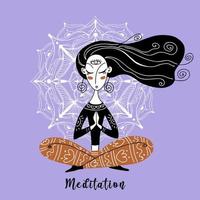 la fille médite. yoga. méditation. postures de yoga. namaste. sur fond de mandala. vecteur.