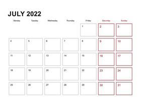 planificateur mural pour juillet 2022 en anglais, la semaine commence le lundi. vecteur
