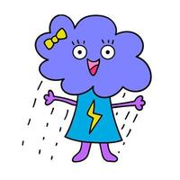 dessin animé doodle heureux nuage avec fille de pluie isolée sur fond blanc. vecteur