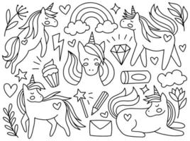 collection d'art en ligne licorne doodle vecteur