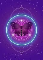 papillon sur mandala, géométrie sacrée, logo symbole d'harmonie et d'équilibre, néon psychédélique brillant. ornement géométrique coloré, yoga relax, spiritualité, vecteur fond dégradé violet
