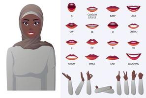 animation de bouche de personnage de femme musulmane noire, synchronisation labiale et différents gestes de la main vecteur