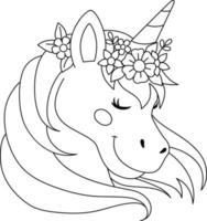 coloriage licorne portant une couronne de fleurs vecteur