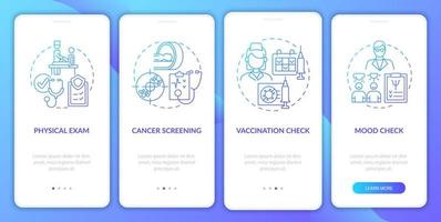 écran de la page de l'application mobile d'intégration du dégradé bleu des composants de l'examen physique. instructions graphiques en 4 étapes avec concepts. modèle vectoriel ui, ux, gui avec illustrations couleur linéaires