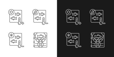 icônes linéaires de stérilisation des produits de poisson définies pour le mode sombre et clair. traitement thermique et lyophilisation. symboles de lignes fines personnalisables. illustrations vectorielles isolées. trait modifiable vecteur