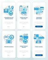 l'éducation des conducteurs offre un ensemble d'écrans de page d'application mobile d'intégration bleu. cours pour adolescents procédure pas à pas en 3 étapes instructions graphiques avec concepts. modèle vectoriel ui, ux, gui avec illustrations couleur linéaires