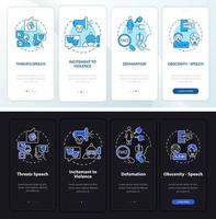 écran de la page de l'application mobile d'intégration des types de parole non protégés. Procédure pas à pas des menaces Instructions graphiques en 4 étapes avec concepts. modèle vectoriel ui, ux, gui avec illustrations linéaires en mode nuit et jour