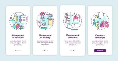 écran de la page de l'application mobile d'intégration de la réadaptation pulmonaire. Procédure pas à pas de gestion de la récupération Instructions graphiques en 4 étapes avec concepts. modèle vectoriel ui, ux, gui avec illustrations couleur linéaires