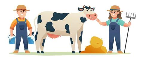 mignon garçon et fille d'éleveur de vaches avec illustration de dessin animé de vache laitière et de grain vecteur
