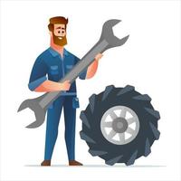 mécanicien professionnel tenant une grande clé avec une illustration de gros pneu vecteur