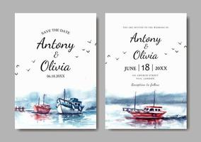 invitation de mariage de paysage naturel avec bateau sur mer aquarelle vecteur