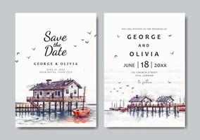 invitation de mariage aquarelle de paysage naturel avec vue sur la maison et le port