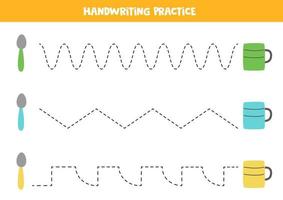 tracer des lignes avec des cuillères et des tasses colorées. pratique de l'écriture. vecteur