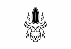 illustration d'art en ligne noire de planche de surf et crâne avec corne vecteur
