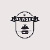 burger d'emblème de badge rétro vintage, hamburger, gros burger, inspiration de conception de logo de restaurant vecteur