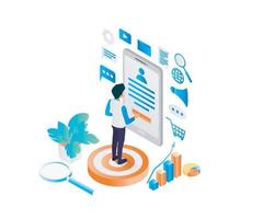 illustration de style isométrique sur la stratégie de marketing des médias sociaux avec smartphone et icône