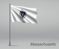 agitant le drapeau du massachusetts - état des états-unis sur flagpol vecteur