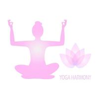 silhouette de femme mince en position du lotus, isolée sur fond blanc. fleur de lotus, inscription yoga harmonie. logo du studio de yoga pour bannières, pages web. dégradé rose délicat vecteur