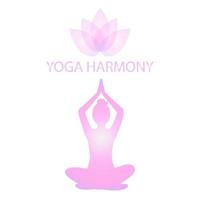 la figure féminine est assise en position du lotus, isolée, sur fond blanc. fleur de lotus, inscription yoga harmonie. logo du studio de yoga pour bannières, pages web. dégradé rose délicat vecteur