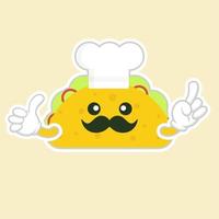 taco avec personnage de chapeau de chef. de délicieux tacos mignons et kawaii avec du boeuf ou du poulet, de la sauce à la viande, de la salade verte et de la tomate rouge. taco pour la conception d'événements de restaurant ou de café. nourriture mexicaine vecteur