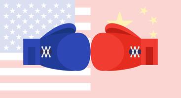 Gants de boxe bleus et rouges avec drapeau des États-Unis et de la Chine vecteur