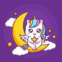 licorne mignonne étreignant un coeur dans la lune vecteur