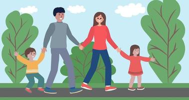 famille heureuse marchant en plein air illustration vectorielle plate. vecteur
