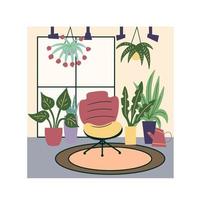 coin vert de plantes en pot dans l'intérieur moderne de l'appartement. un fauteuil confortable se dresse sur un tapis minimaliste dans une pièce près d'une fenêtre entourée de plantes.cozy room.vector illustration vecteur