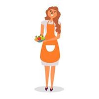 une fille en tablier porte un plateau de pommes. cuisinière ménagère, dessert de cuisine vecteur