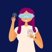 la fille contrôle les lunettes de réalité virtuelle. touchez le capteur avec votre doigt. percée technologique. plonger dans le cyberespace vecteur