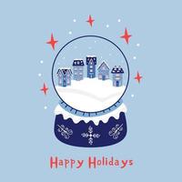maisons de neige de noël dans une boule de cristal. carte de voeux de nouvel an joyeux noël. illustration vectorielle dans les tons bleus