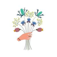 bouquet luxuriant de fleurs sauvages dans les mains. récolte d'herbes. médecine alternative alternative. présentation d'un cadeau fleuri vecteur