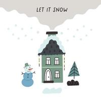 carte de noël avec une maison d'hiver et un bonhomme de neige