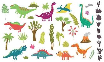 grand ensemble de dinosaures mignons et de plantes tropicales vecteur