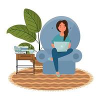 travailler et étudier à la maison, concept indépendant. femme assise dans un fauteuil, à l'aide d'un ordinateur portable. près des livres, plante. conception de vecteur intéressante moderne isolée sur fond blanc. illustration vectorielle