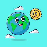 planète terre souriant avec l'icône du soleil dessin animé illustration objet isolé vecteur