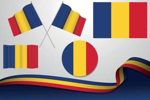 ensemble de drapeaux roumains dans différents modèles, icône, drapeaux écorchés avec ruban avec arrière-plan.
