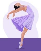 illustration, une ballerine dansante dans une délicate robe lilas et des chaussures de pointe sur un fond abstrait d'une grande ville. affiche pour cours de danse, clip art
