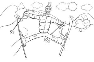 dessin animé homme skiant à l'heure d'hiver page de livre de coloriage vecteur