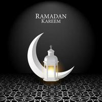 graphique vectoriel du ramadan kareem avec croissant de lune blanc et lanterne blanche sur fond noir. adapté pour carte de voeux, papier peint et autres.