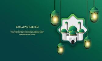 graphique vectoriel du ramadan kareem avec lanterne verte et mosquée. adapté pour carte de voeux, papier peint et autres.