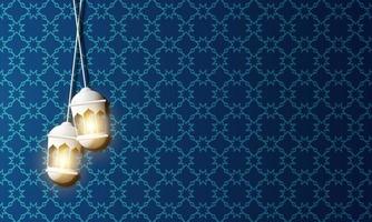 graphique vectoriel du ramadan kareem avec lanterne blanche et fond bleu. adapté pour carte de voeux, papier peint et autres.