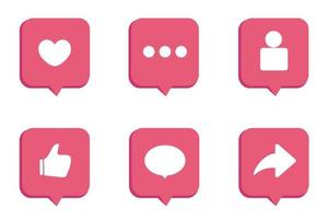 ensemble de bulles réalistes 3d avec des icônes de notification de médias sociaux et de marketing numérique. suivre, commenter, aimer, partager, pouces, icône d'amour dans la boîte de dialogue, chat, collection de bulles pour le réseau social. vecteur
